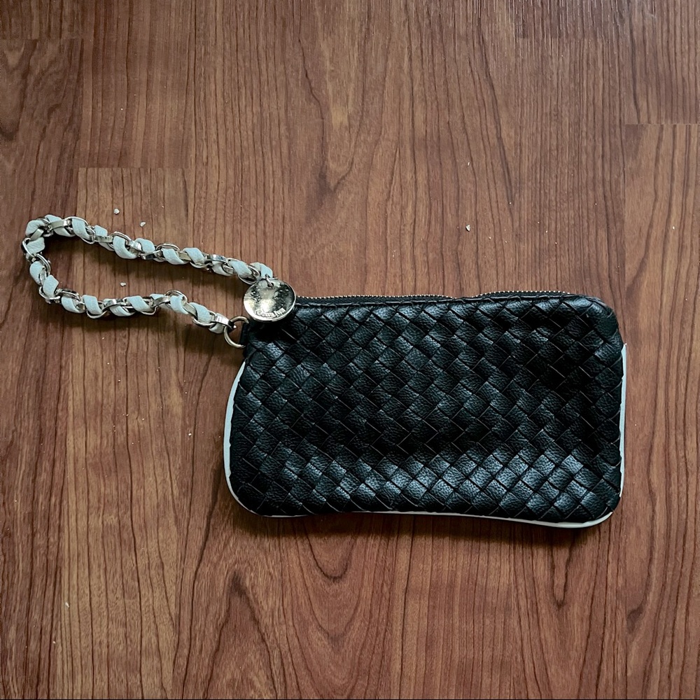 Deux Lux Black Woven wristlet with white trim and chain handle
